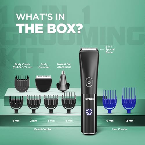 Havells 10 in 1 Digital Grooming Kit |2-in-1 Special Blade|Nose & Ear Attachment|Ceramic Body Groomer |4 Beard, 2 Hair Combs & 1 Body Groomer Comb|Type C Turbo Charge|No Nicks & Cuts|2 Year Guarantee|GS6668 view 2