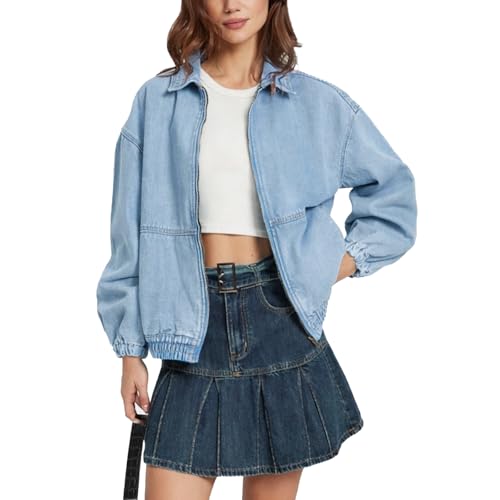 D-Sun Womens Denim Jacket Oversized Zip Up Elastic Hem Classic Casual Loose Fit Bomber Jean Jackets