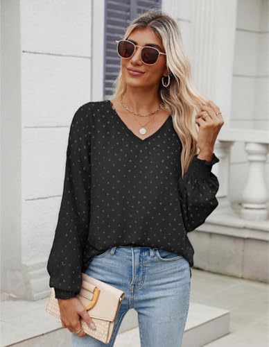 GAMISS Long Sleeve Top for Women Swiss Dot Shirt V Neck Knit Blouse Basic Shirt Black, S — view 3