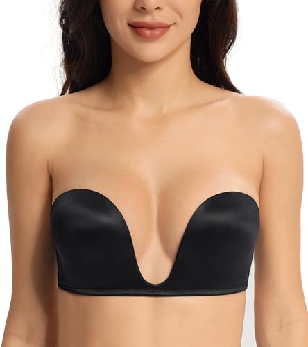 Lemorosy - Reggiseno Donna Imbottito Senza Spalline con Scollo profondoa U Mezza Coppa (Nero1D)