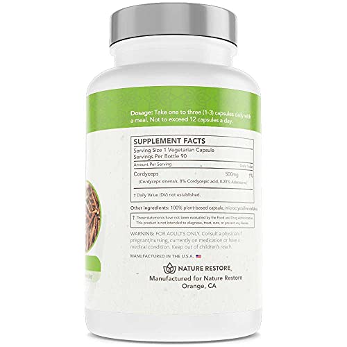 Nature Restore Cordyceps Sinensis Mushroom Extract Supplement, Pure Cs-4 Cordyceps, 10 Percent Cordycepic Acid, 90 Capsules, Manufactured In Usa, Non-Gmo, Gluten Free #TOP1