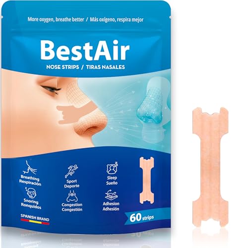 Tiras nasales antironquidos BESTAIR – Dilatador nasal ergonómico e hipoalergénico para dormir y deporte – Reduce ronquidos, alivia la congestión y mejora la respiración – Pack 60 tiras resistentes