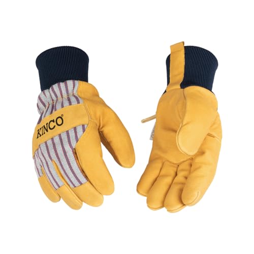 Kinco 1927KWW-S Womens Trademarked Otto Striped Cotton-Blend Canvas Fabric Back Polyester & Elastic Knit Wrist with Leather Pull-Tab Wing Thumb Design Heatkeep Thermal Insulation Small