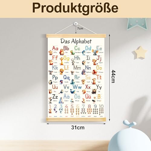 Yezirzax ABC Poster 31x44 cm für Kinder - Alphabet und Zahlen Lernen für Kinderzimmer, Kindergarten, Vorschule, Grundschule - Buchstaben Grundschrift Geschenk