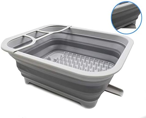 SAMMART Collapsible Dish Drainer with Swivel Spout - Foldable Drying Rack - Portable Dinnerware Organizer - Space Saving Kitchen Storage Tray (8.5L, Grey)