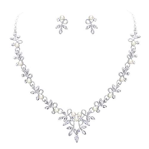 Clearine Damen Hochzeit Braut Schmuckset CZ Kristall Simulierte Perle Blatt Rebe Zweig Halsband Halskette Ohrringe Set Klar Silber Ton Cover