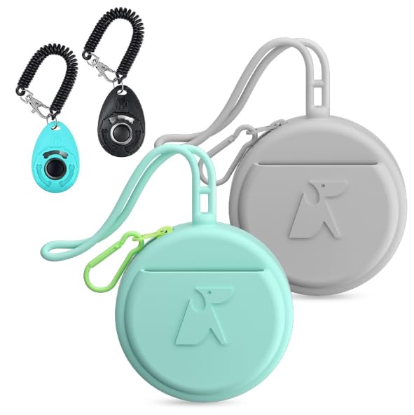 Small Silicone Dog Treat Pouch with Pet Training Clicker 2Pack, Durable Metal Zipper, Integrated Strap, Mini Portable Size, Easy to Clean, Odorless, Travel Walking Bag for Leash (Grey & Green)