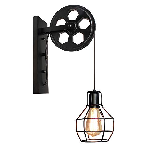 Applique Murale Industrielle, iDEGU Éclairage Mural Vintage Poulie Lampe de Mur Luminaire Intérieur pour Bar, Chambre à Coucher, Salon, Restaurant, Café, Couloir - Noir
