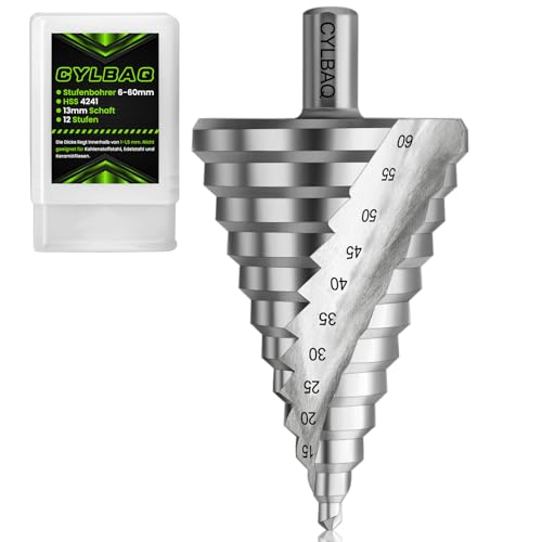 CYLBAQ Broca escalonada de 6 a 60 mm, HSS 4241, broca escalonada de metal de 13 mm, broca cónica con 12 niveles, broca perforadora para metal, acero inoxidable, plástico, madera – Broca cónica HSS de
