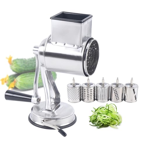 Rotary Cheese Grater Hand Drum Slicer Crank 5 in 1 Vegetable Chopper Stainless Steel, Kitchen