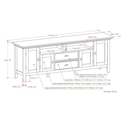 SIMPLIHOME Redmond TV Stand - 72 inch Wide Solid Wood Media Console in Brunette Brown, Transitional Entertainment Center for Living Room for TVs up to 80 Inches with Drawers and Cable Management