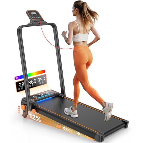 Treadmill Walking Pad with 12% Incline/Handle Bar/2 LED Display, 3.5HP Portable Treadmills for Home Small, Foldable Walking Pad Treadmill 350+lb Capacity, Smart App, 4 Adjustable Incline, RGB Light