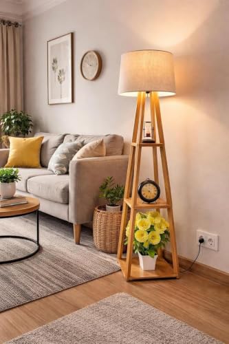 Image of Floor Lamp with Wooden Shelf, Tripod Stand, Linen Shade, Living Room Standing Light