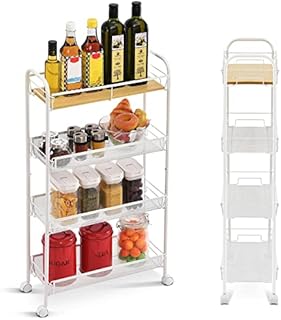 KINGRACK 4-Tier Slim Rolling Cart with Wooden Tabletop, Easy Assemble Mobile Storage Trolley On Wheels,Slide Out Utility Cart Shelving Units for Narrow Space on Kitchen Bathroom Laundry Room,White