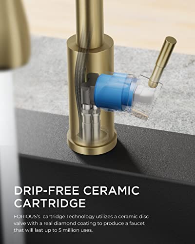 Forious Gold Kitchen Faucets With Pull Down Sprayer, Kitchen Sink Faucet With Pull Out Sprayer, Fingerprint Resistant, Single Hole Deck Mount, Single Handle Copper Kitchen Faucet, Champagne Gold #TOP4