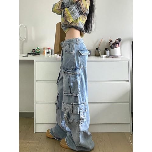 Women's Workwear Jeans with Multiple Pockets, high Waist, Loose Y2K Drop Feeling Pants, Gothic Wide Leg Pants4