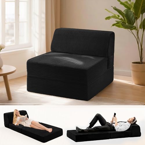 Kasunpul Folding Sofa Bed with Pillow, Memory Foam Fold Out Chair Bed, Convertible Sleeper Chair with Washable Cover, Futon Floor Couch for Living Room/Dorm/Guest Use/Home Office/Apartment, Black
