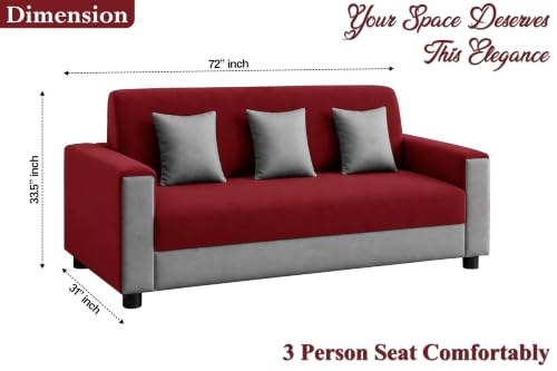 Image of 3 Seater Wooden Sofa | Velvet Fabric Couch with Cushions | Comfortable Living Room Sofa | Sturdy Wooden Frame | Home & Office Furniture | Red & Grey
