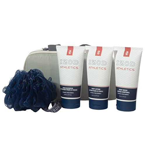 IZOD 5pc Dopp Kit Toiletry Bags Set, Travel Bag/Body Wash/Body Lotion/Face Cleaner/Mesh Sponge, Double Pull Zipper, Athletics Collection (Athletics)