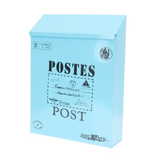 Kisangel Buzón de Pared Vintage con Cerradura Caja de Hierro Resistente para Correo Exterior Interior Decoración Rural Azul con Diseño de Letras Inglesas