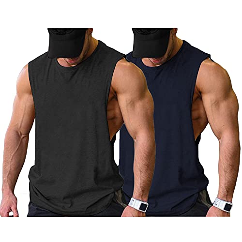 COOFANDY Men Workout Tank Top Gym Bodybuilding Sleeveless Muscle T Shirts Cut Off Shirts Small Black/Navy Blue(2pcs)