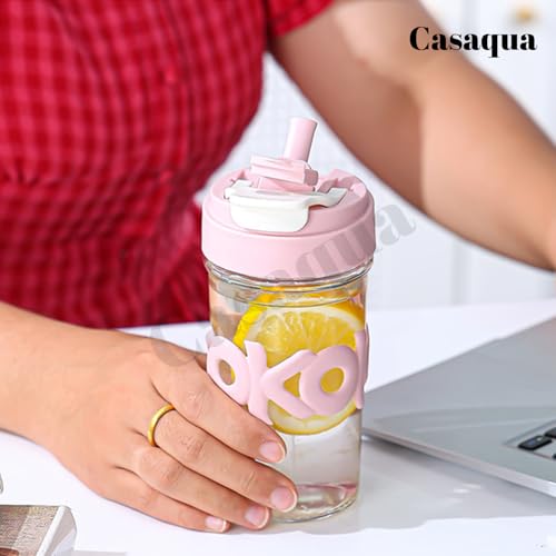 Image of Glass Tumbler with Straw & Flip Lid - 420ml, Set of 1, Reusable Clear Glass Water Bottle with Silicone Sleeve, Portable Travel Sipper Cup for Water, Juice, Iced Coffee, Milk & Smoothies