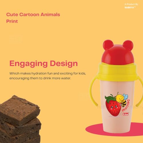 Image of Nabhya Inner Stainless Steel & Outer Plastic 360ml BPA-Free Cute Animal Design Baby Sipper Kids Water Bottle with Straw and Side Handle for Kids (Pink & Yellow - 2pc)
