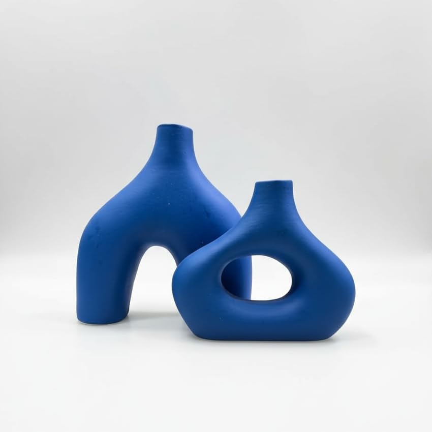 Image of PUREZENTO Abstract Blue Ceramic Donut Vase 5.4 & 7.7 Inch - Set of 2 | Decorative Unique Modern Vase for Dried Flowers & Pampas Grass | Vases for Modern Home Decor, Living Room, Office Decor Ideas