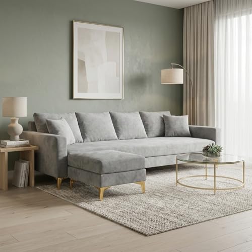 Image of Classiq Rich 5 Seater L Shape Sofa Set with Movable Ottoman | Flexible Layout | Spacious Soft Touch Seating | Designer Sofa for Living Room (Light Grey)