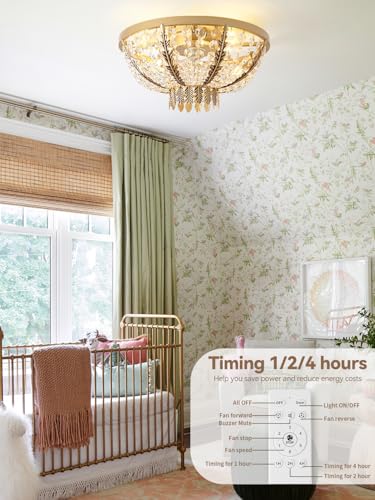 Image of 20 inch Gold Crystal Fandelier Ceiling Fan with Light, Crystal Flush Mount Ceiling Fan with Light Remote Control,Mid-Century Caged Crystal with 6 Speed for Bedroom, Nursery, Living Room