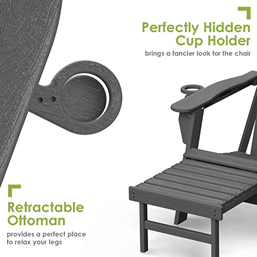 Greenvines Folding Adirondack Chair With Adjustable Back & Ottoman, Wood Grain Hdpe All-Weather Poolside Chairs W/Cup Holders & Footrest For Fire Pit Campfire Deck Patio Outdoor Lawn, Grey #TOP4