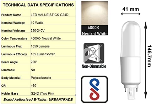 Image of LEDVANCE Osram 10 Watt G24d Led Value Stick PL Lamp Cross Pin 230V- Neutral White 4000K- Pack of 2