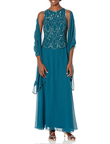 Image of J Kara Womens Plus Size Sleeveless Beaded Pop Over Long Dress with Scarf
