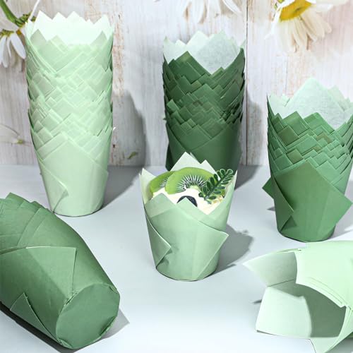Whaline 400Pcs Sage Green Tulip Cupcake Liners Greaseproof Muffin Baking Liners Green Gradient Tulip Cupcake Wrappers Baking Cup for Bridal Baby Shower Wedding Birthday Party Decor by Whaline - Used condition - Image 4