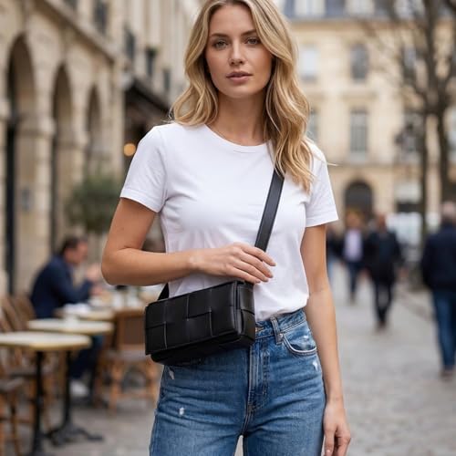 Image of Mini Woven Crossbody Bag for Women, Square Shoulder Handbag Leather Clutch Purse Cute Fanny Packs with Adjustable Belt