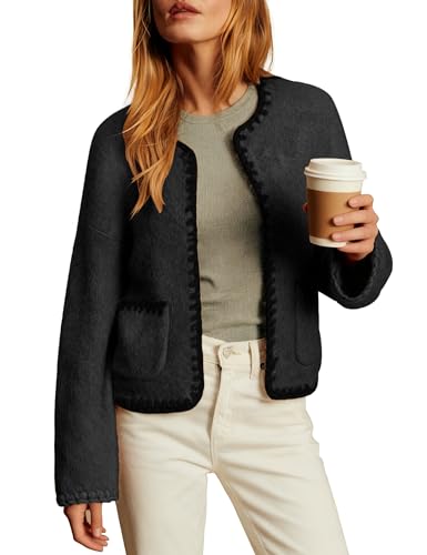 Ziqoty Womens Knit Cardigan Braided Sweaters Trim Open Front Sweater with Pockets Oversized Casual Outerwear Fall Winter(Darkgrey-XL) — view 2