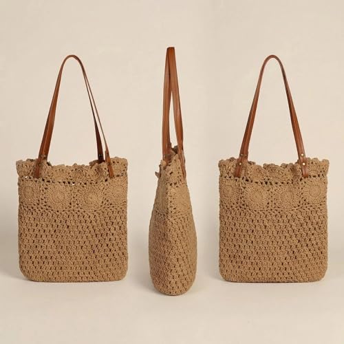 Image of Eiyye Crochet Tote Bag Handwoven Cotton Beach Shoulder Bag with Linen Lining Hobo Summer Vacation Purse for Women