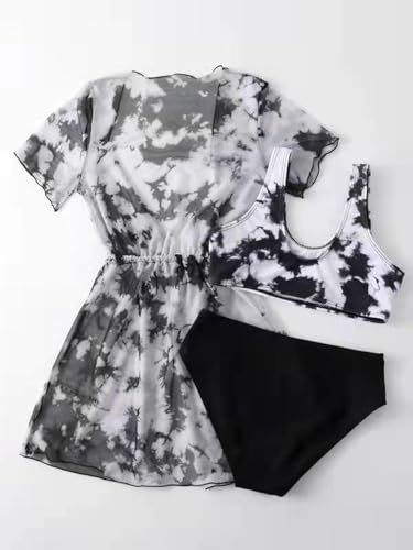 Image of Girl's 3 Piece Bikini Set Tie Dye Print Bathing Suit High Waist Swimwear with Kimono Cover Ups Black 160