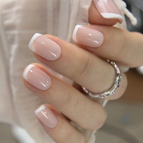 Image of CurvLife Soft Gel Square French Tip Press On Nails Short, Silk Outline Style Reusable Fake Nails with Glue & Adhesive Tabs, 32PCS Salon-Quality Stick-On Nails for At-Home Manicure