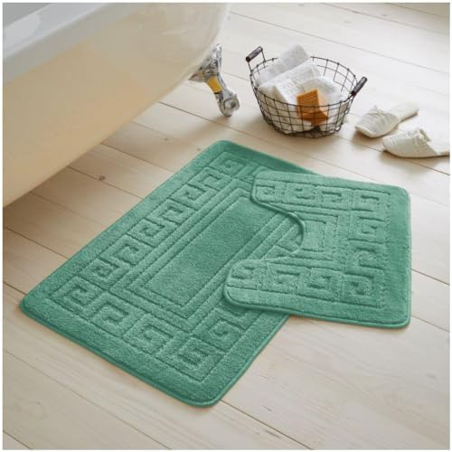 GC GAVENO CAVAILIA Greek Key Pattern Bath Mats 2 Piece Sets Non Slip, Soft Washable Rug Quick Dry Water Absorbent Bathroom Shower Mat & Pedestal Set, Burgundy