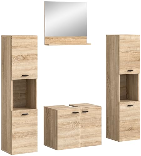 xonox.home Badezimmer Boston 4tlg. Kombination Badmöbel Set kleine Bäder Komplettprogramm Bademöbel-Set in Eiche Sonoma Nb. bodenstehend hängend montierbar ca.137x186x33 cm