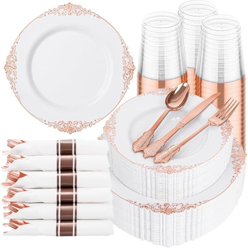 Hioasis 350pcs Rose Gold Plastic Plates - Elegant Disposable Dinnerware Set Suitable for 50 Guests Include 10.25 Dinner & 7.5 Dessert Plates Pre Rolled Silverware Set Cups for Party & Thanksgiving