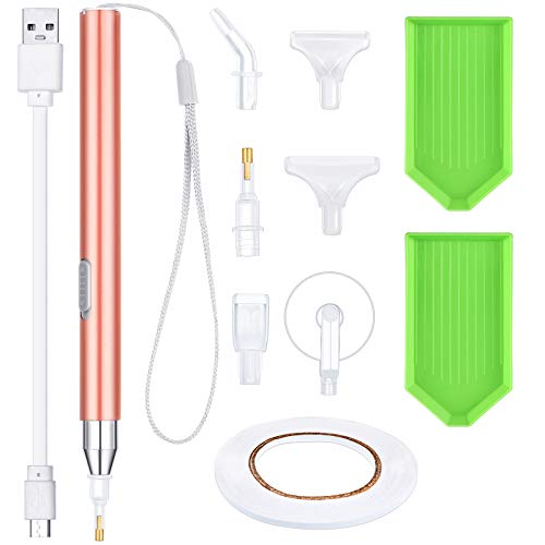 LED Diamond Painting Tools Drill Pens 5D DIY Diamond Painting Point Drill Pen with Different Pen Heads, Elbow Pen Head, Plate Trays Painting Accessories Cross-Stitch Tools for Nail Art DIY (Gold)