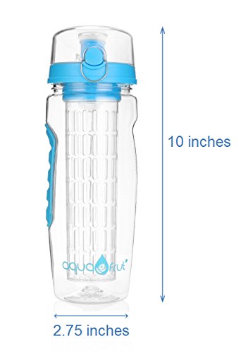 AquaFrut 32 OZ Fruit Infuser Water Bottle BPA-Free Fruit Infusion Sports Bottle - Flip Top Lid w Drinking Spout, Leak Proof, Made of Durable Tritan. Free Recipe eBook! (Blue)
