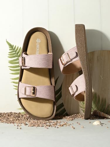 Image of Women Denim Double Strap Buckle Slides | Comfortable Casual Flat Slippers for Women | Lightweight Open Toe Slip-On Sandals Everyday Wear