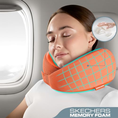 Image of Skechers Women's Memory Foam Neck Pillow, Comfortable & Breathable Travel Pillow, Neck Pillow Airplane for Travel, Car Rides, Home, and Office Use, Ergonomic Design for Men and Women,Orange