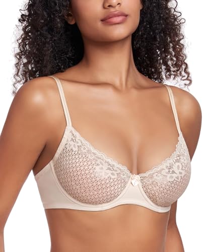 Image of DotVol Women's Sheer Lace Mesh Balconette See Through Bralette Unlined Underwire Everyday Bra(Beige,32B)