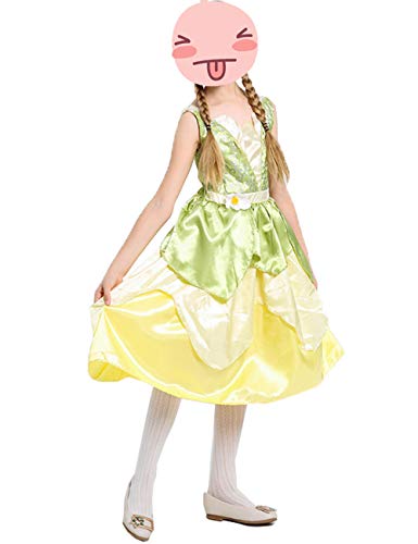Jurebecia Princess Tiana Dress Birthday Party Frog Costume For Little Girls Halloween Fancy Cosplay Dress Up Kids Fairy Tale Outfits With Luxury Jewelry Size 5-6 Years #TOP2