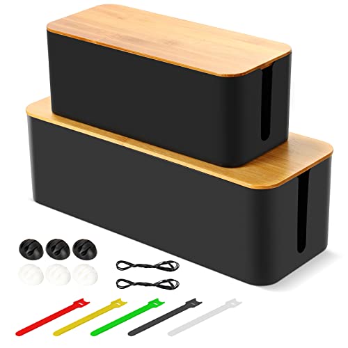 Cable tidy box, Set of 2 cable management box for Cable and Cord Management, Cable organisers with Bamboo Lid for Hiding Messy Cables Wire Management - Black