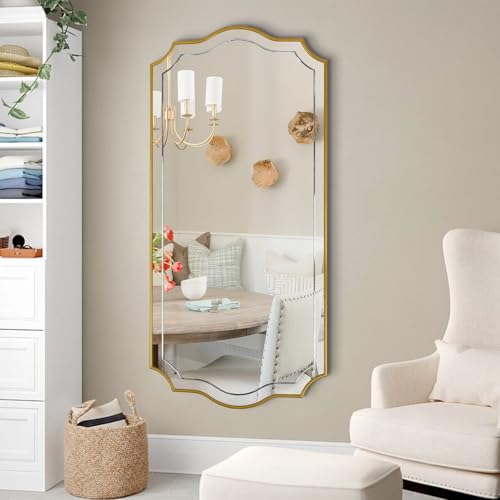Image of POZINO 47 inchx24 inch Large Scalloped Wall Mirror, Gold Elegant Decorative Mirror | Thickened Wooden Frame, HD Glass, Horizontal /Vertical Hanging, Rectangle Wavy Wall Mirror for Entryway Bedroom Living Room